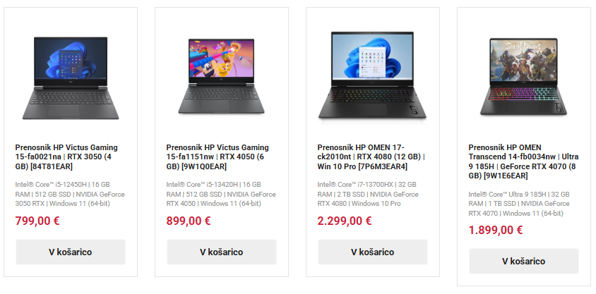 Screenshot s 4 gaming prenosniki in integriranim linkom ki vodi na kategorijo - gaming prenosniki